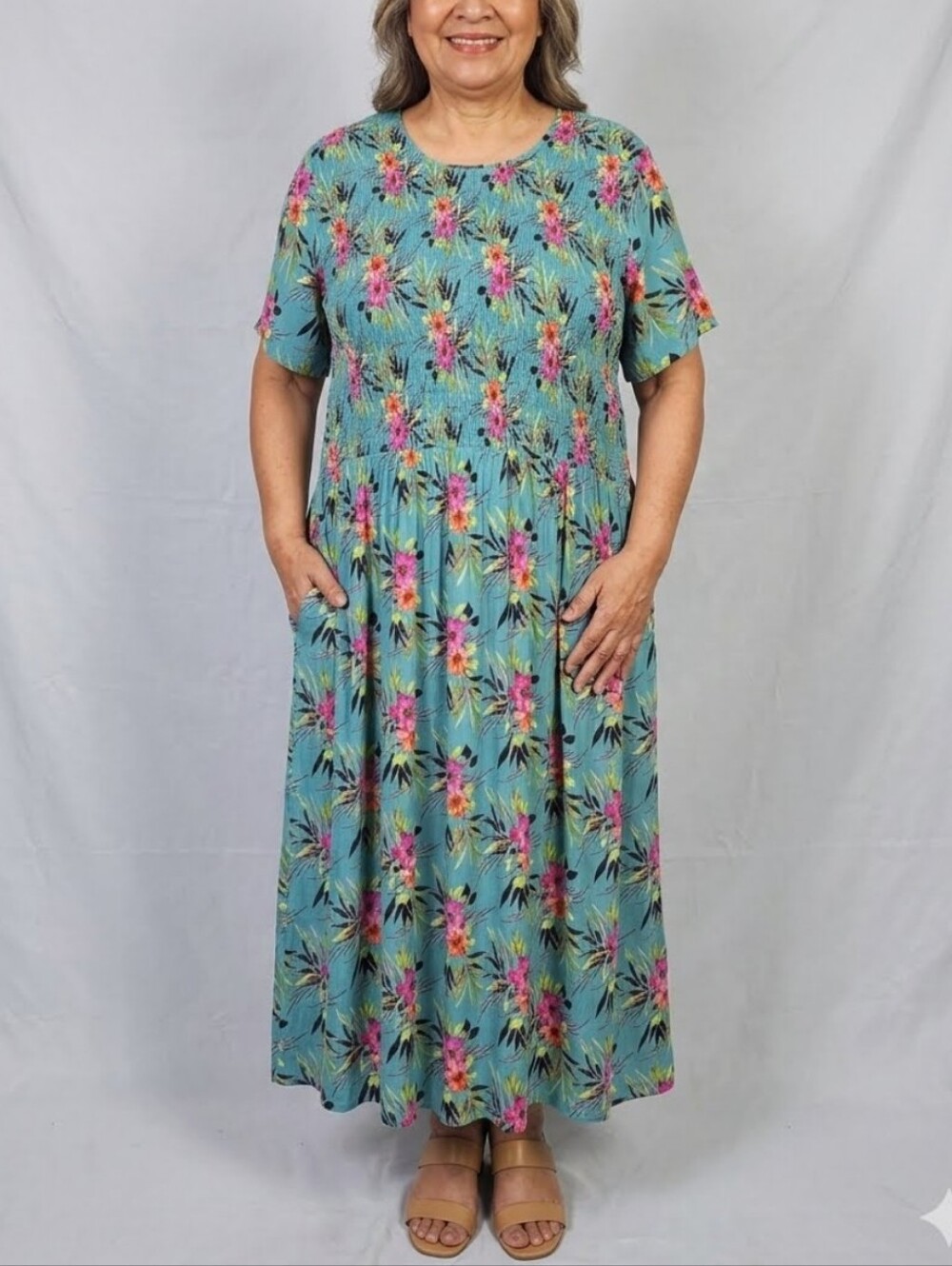 Tropical Floral Rayon Smocked Maxi Dress With Pockets Summer, Bohemian Boho